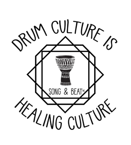 Picture of African Drum with surrounding text that says "Drum culture is healing culture."