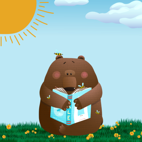 Bear reading a story on a sunny day