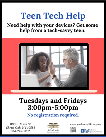 Flyer for Teen Tech Help which occurs every Tuesday and Friday, 3pm-5pm