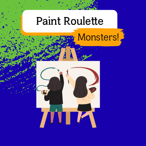 The title "Art Roulette" with the sub-title "Monsters!" above the image of two people painting on the same canvas.