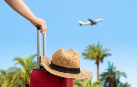 A hand holding a red suitcase with a hat resting on top of it with a plane and trees in the background 