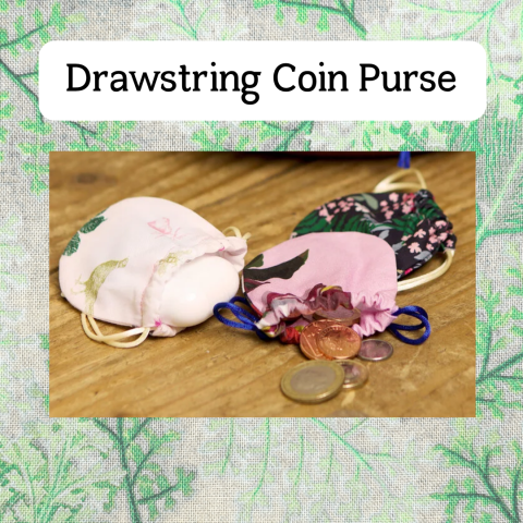 The title "Drawstring Coin Purse" above the image of small fabric drawstring purses.