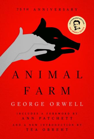 Cover of the book Animal Farm by George Orwell. Shows a hand making a shadow puppet in the shape of a pig's head