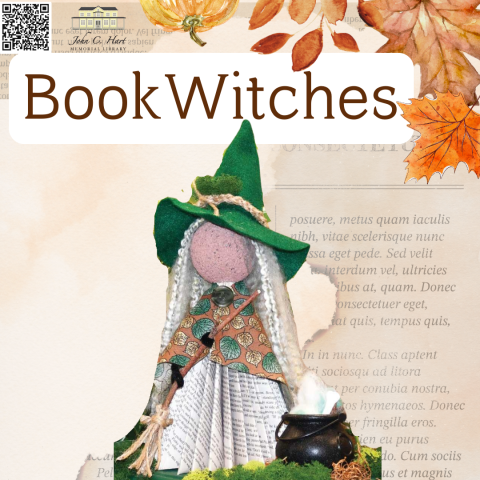 The title "Book Witches" above the image of a witch made from a Styrofoam ball painted like a face, sitting atop a book folded into a cone shape. There is a pipe cleaner broom and felt hat on the book witch