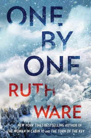 The text One By One Ruth Ware is written down the cover. The texts is set in a snowy scene, and parts are obscured by clouds seemingly created by an avalanche