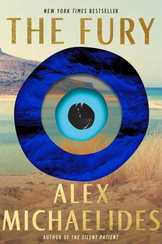 The background is of a sandbar leading to a small body of water, and the end of a mountain on the other side. In the middle of the cover is a target-like image: a dark blue overlayed circle, than a ring of the original background, followed by a ring of bright blue surrounding a black circle with the bottom half of a woman's face in it. The text at the top of the cover reads The Fury, and the bottom reads Alex Michaelides