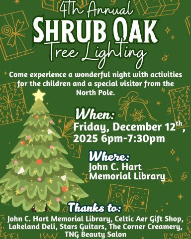 Flyer for the tree lighting. Large Christmas tree with text explaining where and when the program is being held