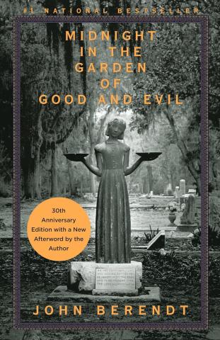 The title "Midnight in the Garden of Good and Evil above a statue of a young girl holding up a bowl in each hand. She seems to be in a cemetery with the name John Berendt beneath her.