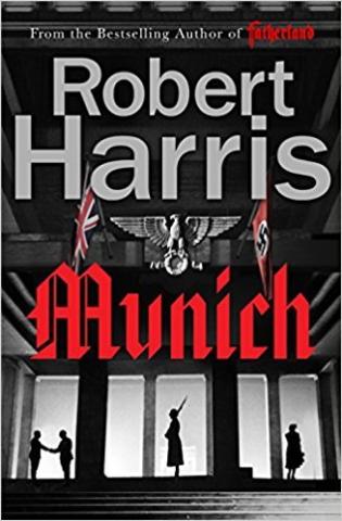The name Robert Harris is printed above a carving of a “Reichsadler”, imagery of an eagle used by the Nazis. Below that in red, gothic style font is the title "Munich". At the bottom of the cover are three archways with people silhouetted in them: the left most has two men shaking hands; the center is a person holding a gun at rest against their shoulder; and the rightmost seems to be a woman.