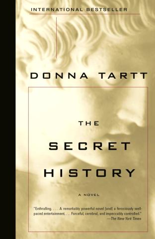 the name Donna Tartt above the title The Secret History; both on a background of a marble statue's face