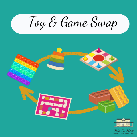 text: toy and game swap over graphics of various toys on a green background with arrows connecting the toys