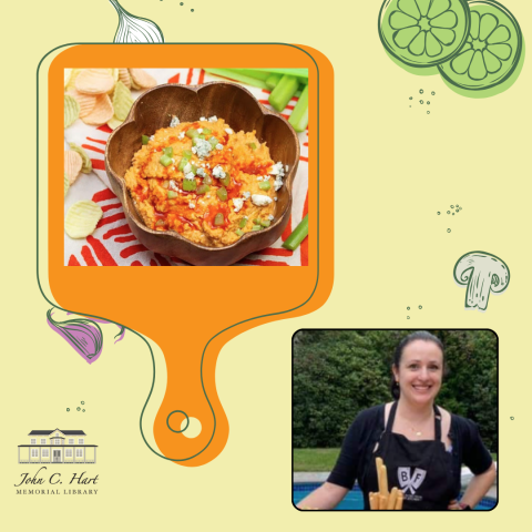 Dip in a flower shaped bowl and a photo of a chef
