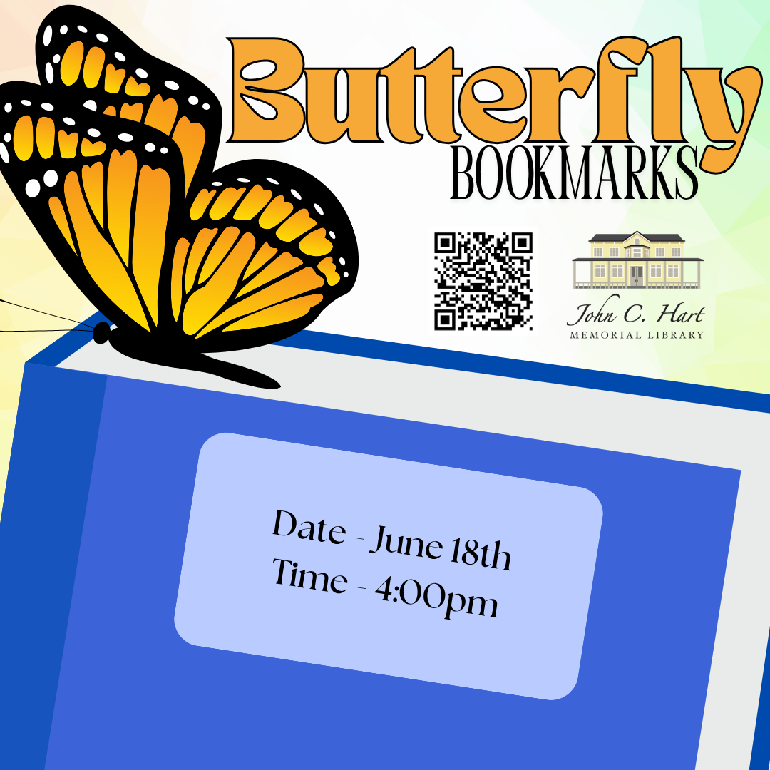 A butterfly sitting on top of a blue book, beside the text "Butterfly Bookmarks"