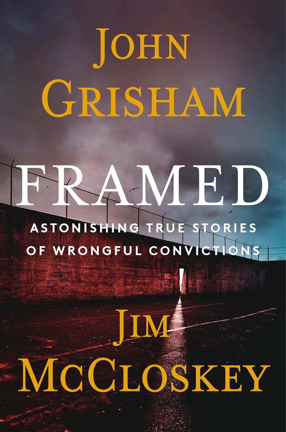 A book cover with a prison wall below a cloudy sky with the title "Framed" in white overlayed