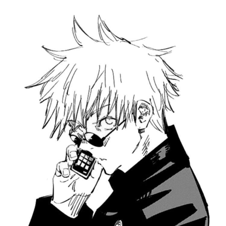 Manga drawing of a person with dark glasses holding a phone