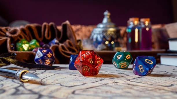 A table featuring multiple-sided dice used for playing Dungeons and Dragons