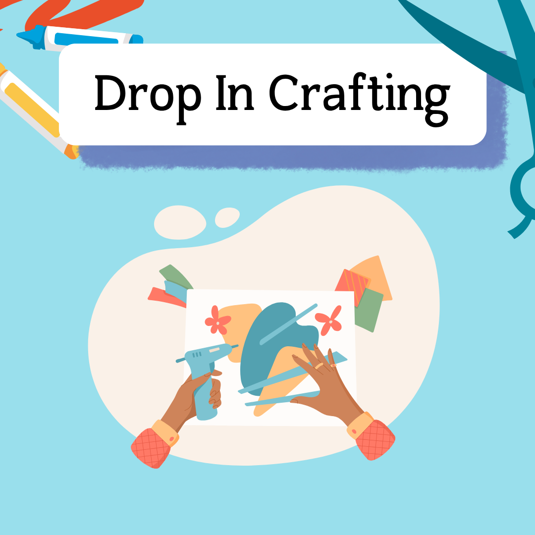 The title "Drop In Crafting" above the image of two hands putting together a collage